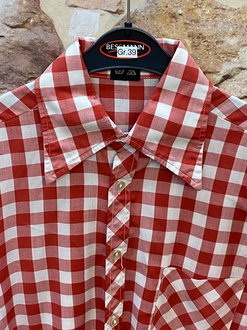 Vintage Herren Trachtenhemd rot weiß kariert Gr. 39 | Langarm