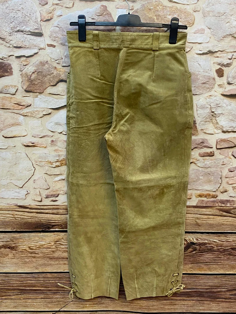 Vintage Damen Trachtenlederhose lang Gr. 42 olivbraun – Almenrausch München