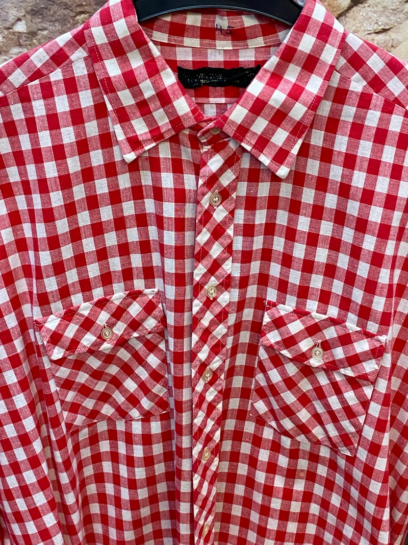 Vintage Trachtenhemd Herren Rot-Weiß Kariert Gr. 45 – mit zwei Brusttaschen