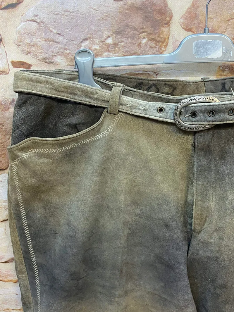 Vintage Trachten Lederhose Herren grau-grün Gr. ca. 54 lange Lederhose Echtleder mit Gürtel