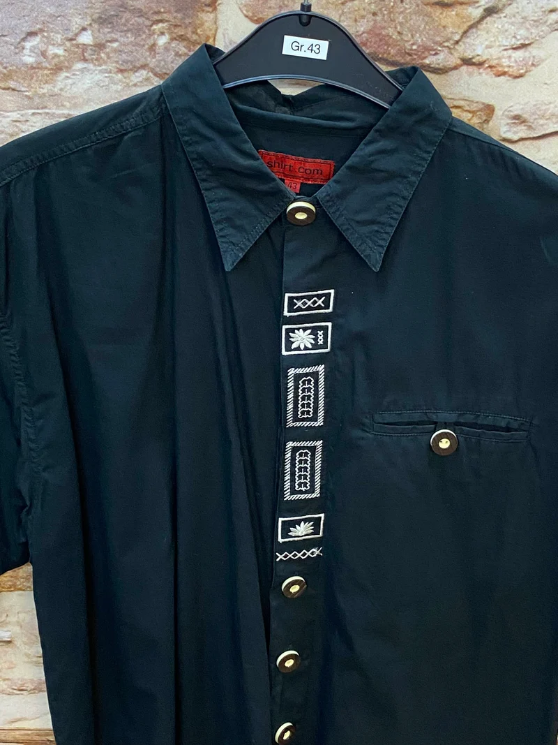 Vintage Trachtenhemd Schwarz mit weißer Stickleiste Gr. 43