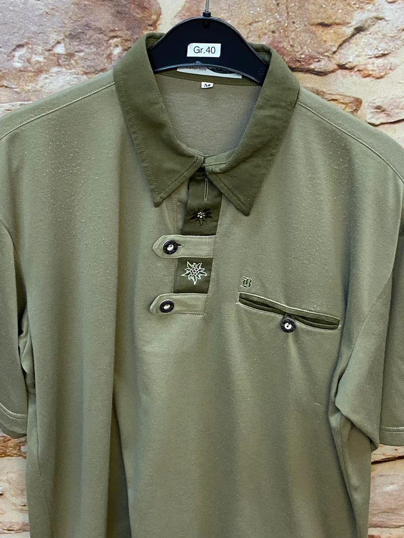 Vintage Trachtenhemd Olivgrün mit Edelweiß-Detail Gr. 40