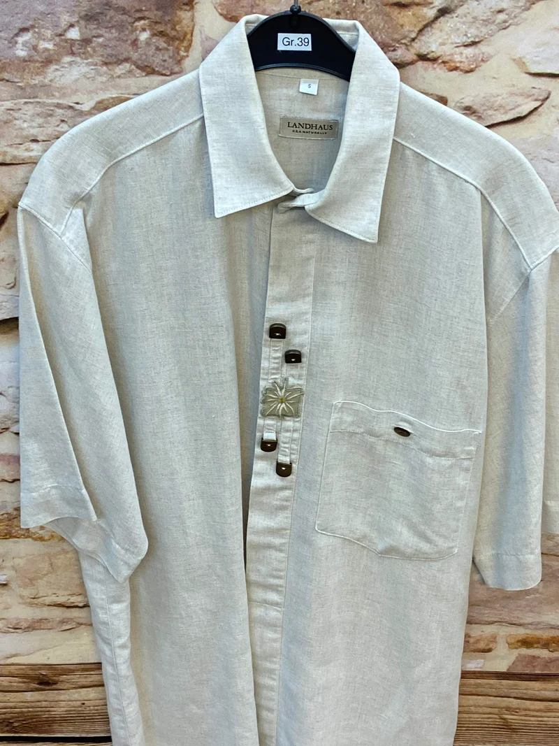 Vintage Trachtenhemd Leinen-Baumwolle in Naturweiß mit Edelweiß-Detail Gr. 39