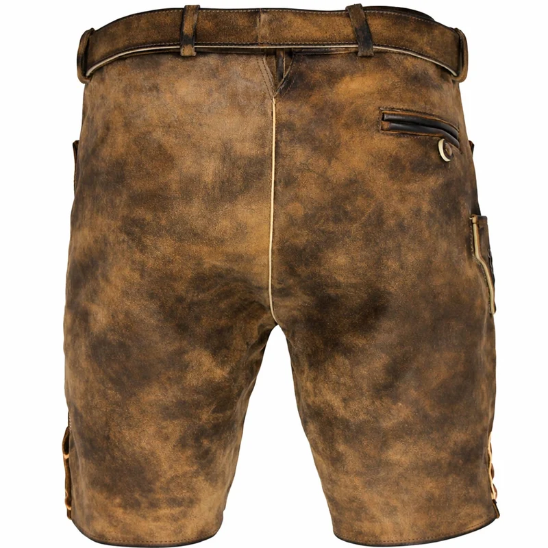 MADDOX Kurze Herren Lederhose "Mandlach" mit Gürtel | Camel Braun