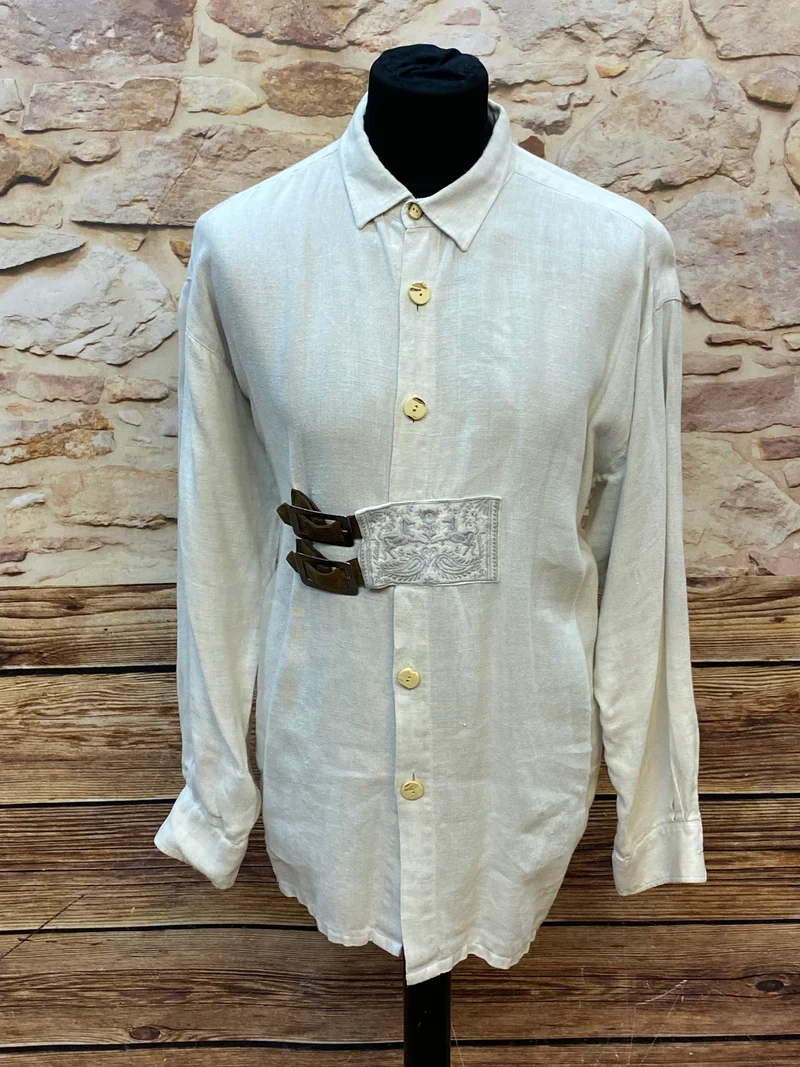 Vintage Trachtenhemd Herren 44 Natur Leinenstil mit Zierverschluss