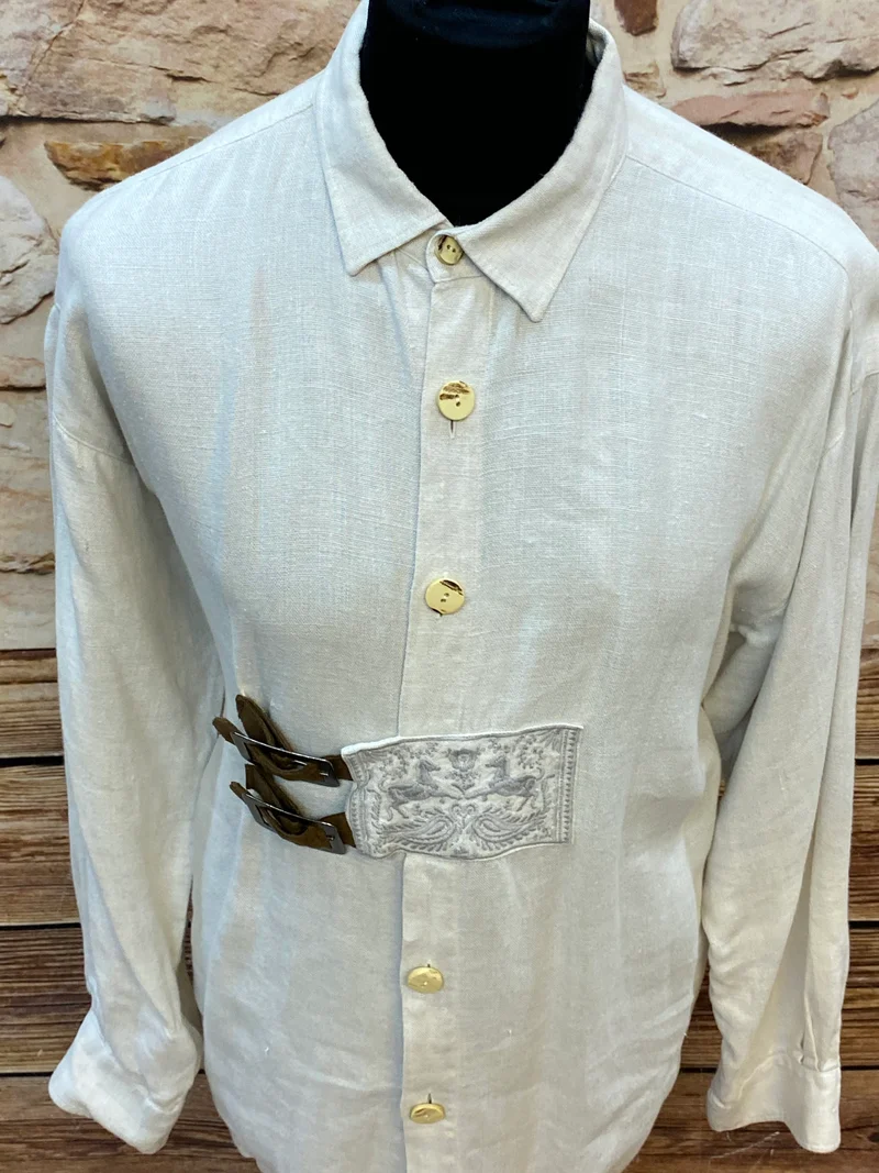 Vintage Trachtenhemd Herren 44 Natur Leinenstil mit Zierverschluss