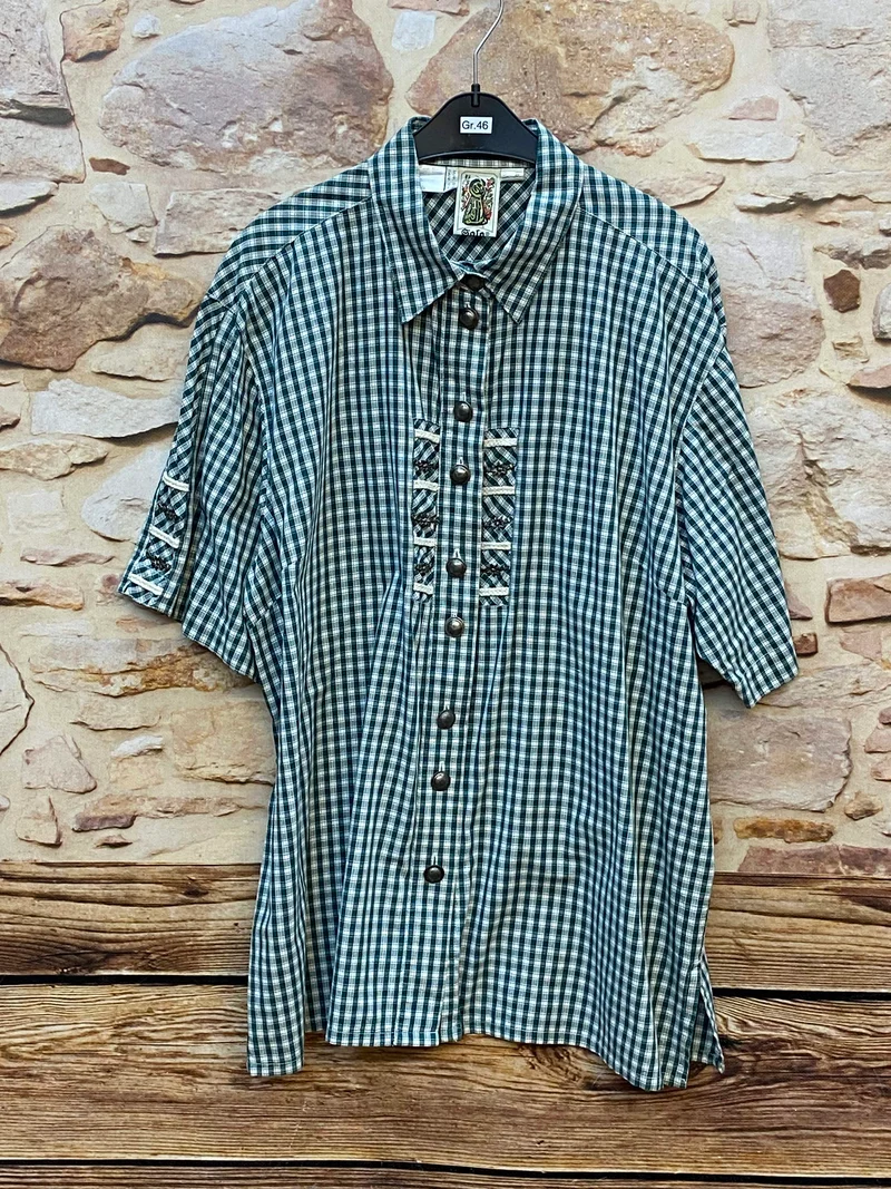 Vintage Trachtenhemd Herren Grün Kariert mit Stickerei Gr. 46
