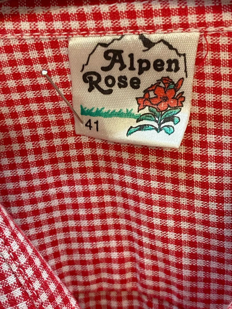 Vintage Trachtenhemd Herren Rot Kariert Alpen Rose Gr. 41 Kurzarm