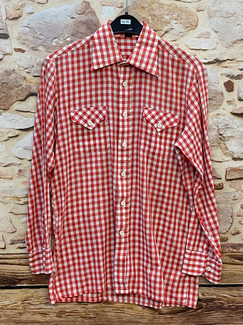 Vintage Trachtenhemd Herren Gr. 40 rot-weiß kariert