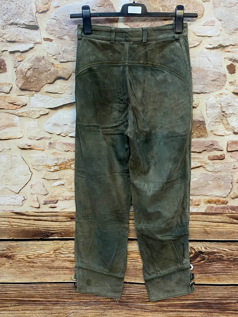 Meindl Damen Lederhose Gr. 36 – lange Trachtenlederhose in Olivgrün aus Leder