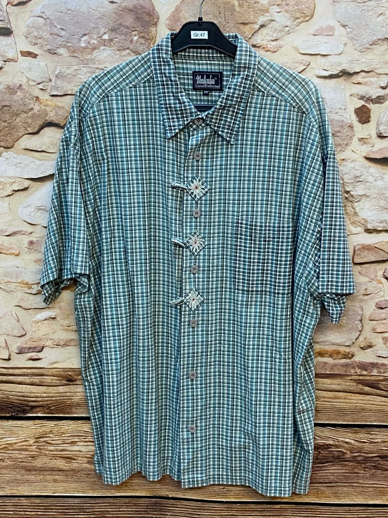 Vintage Trachtenhemd Herren Grün Kariert Edelweiß Gr. 47 Kurzarm