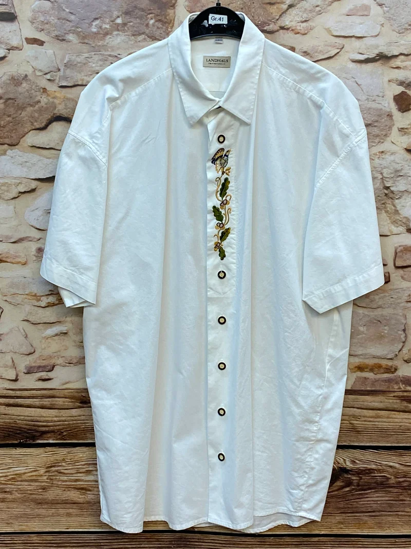 Vintage Trachtenhemd Herren Weiß Stickerei Größe Gr. 41