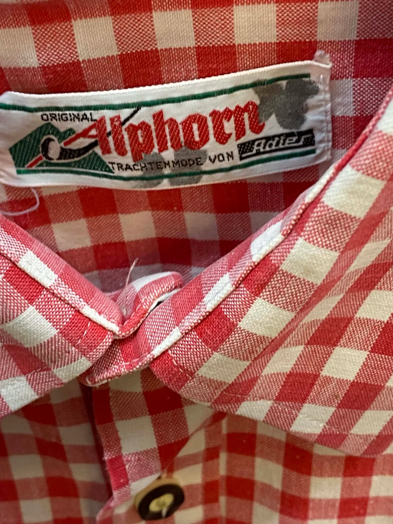 Vintage Trachtenhemd Herren Alphorn Rot Weiß Kariert Größe 39