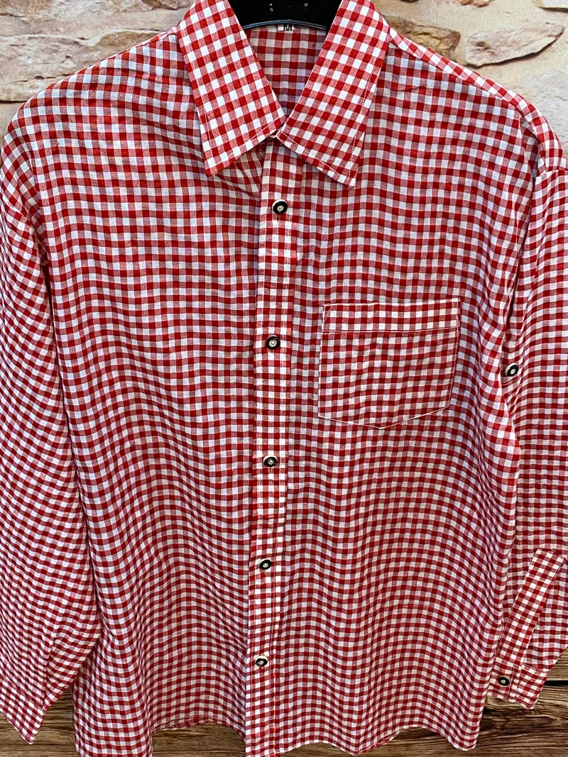 Vintage Trachtenhemd Herren Rot Weiß Kariert Größe M – klassisches Trachtenhemd