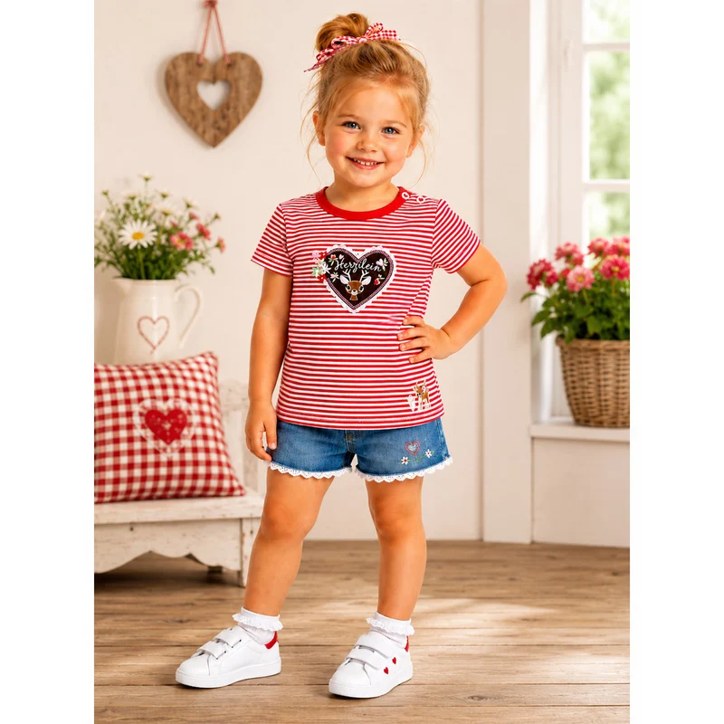 BONDI Mädchen T-Shirt "Herzilein" 86981 | Rot Weiß Geringelt