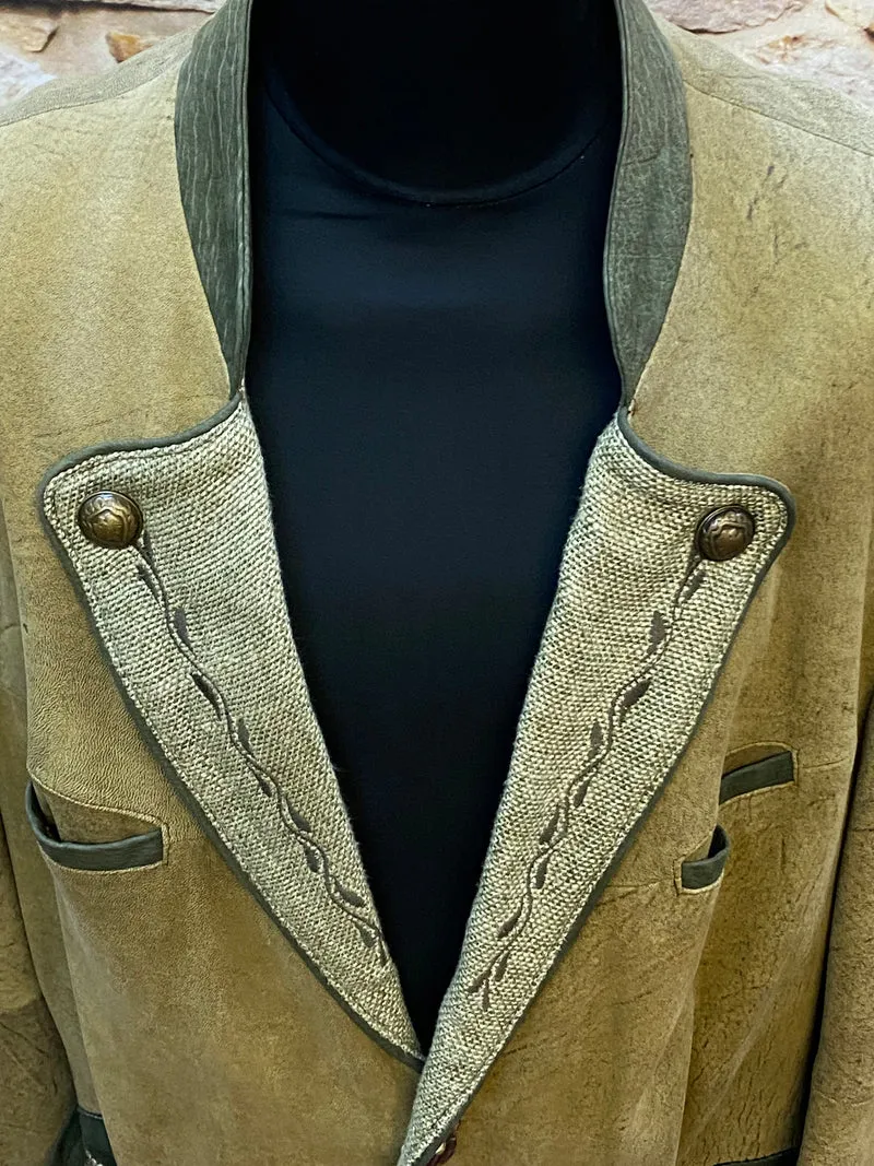 Vintage Trachten Lederjacke Herren Olivgrün mit Stickerei – Größe 58
