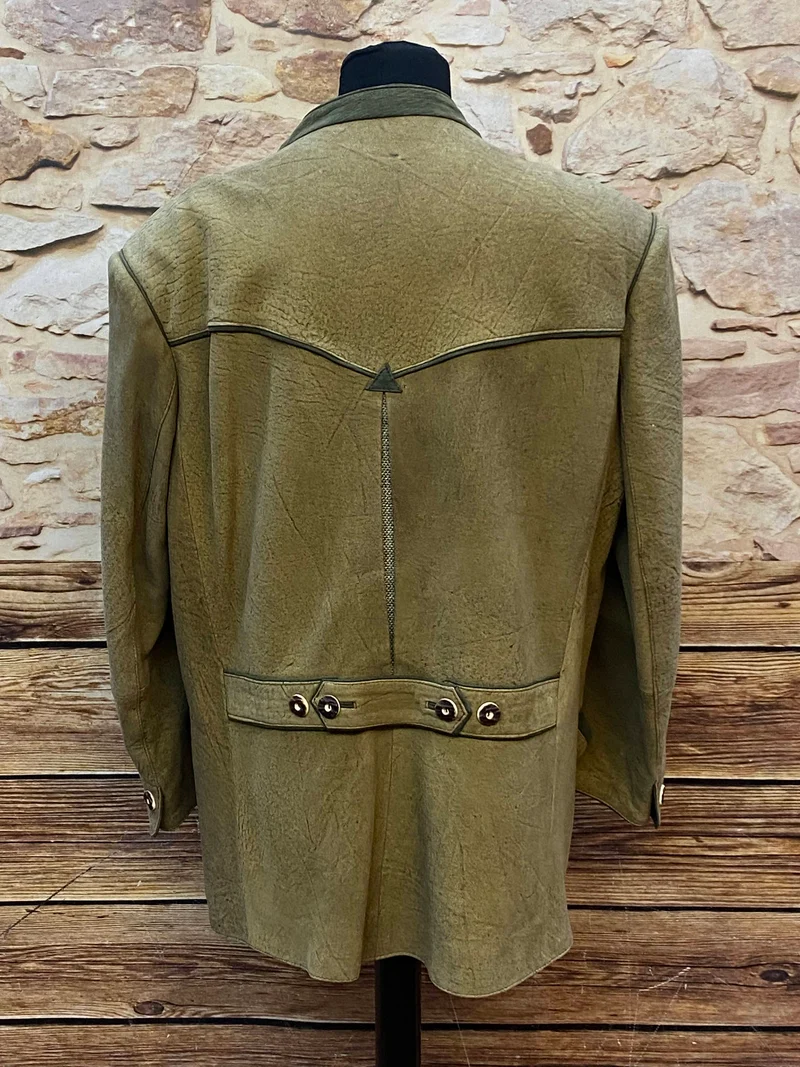 Vintage Trachten Lederjacke Herren Olivgrün mit Stickerei – Größe 58