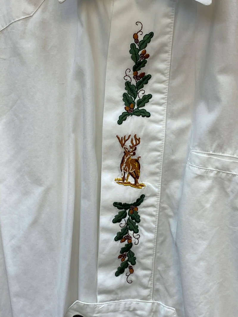 Vintage Trachtenhemd Herren 44 – Weiß mit Hirsch Stickerei