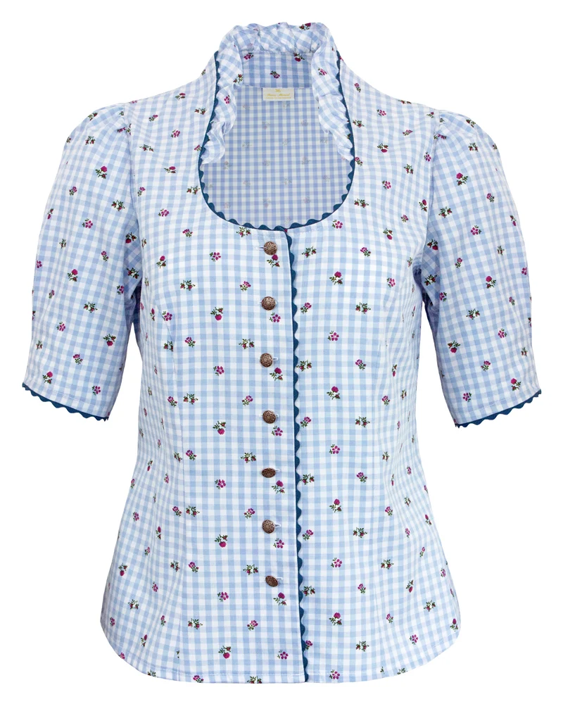 Pierre Marcel Damen Blümchen Trachtenbluse Amelie mit Stehkragen - Blau