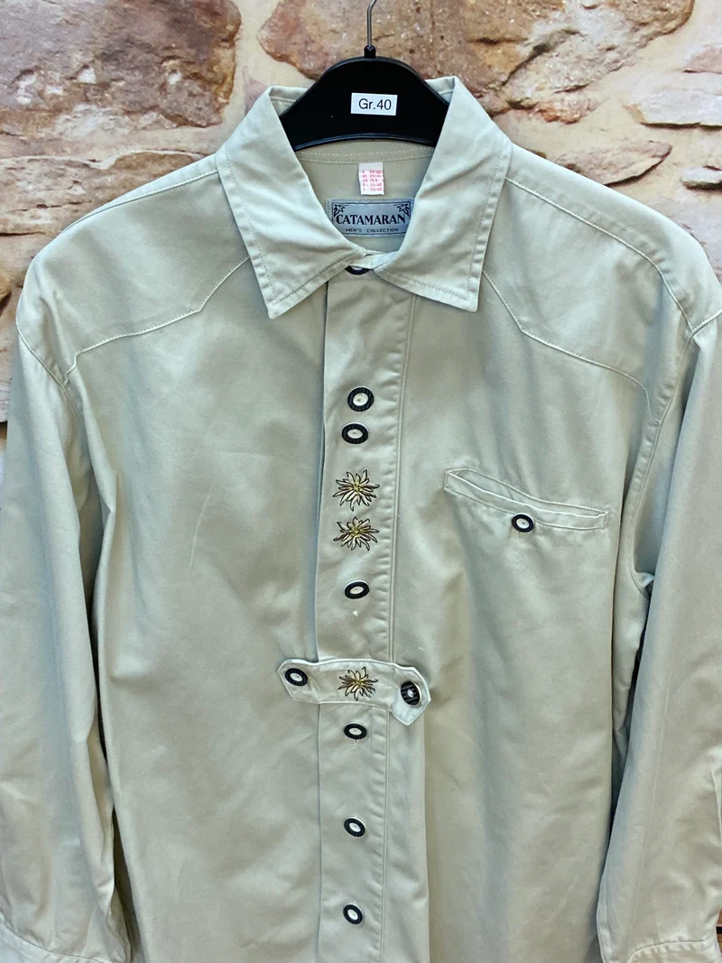 Vintage Trachtenhemd Herren – Hellbeige – Gr. 40