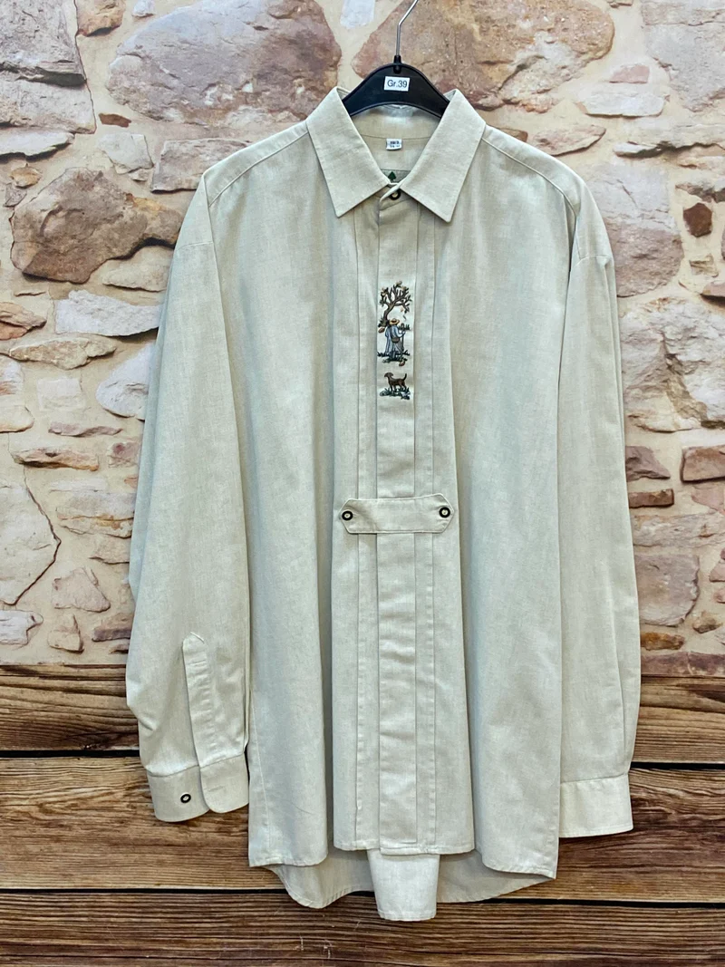 Vintage Trachtenhemd Herren mit Stickerei – Naturweiß – Gr. 39/M