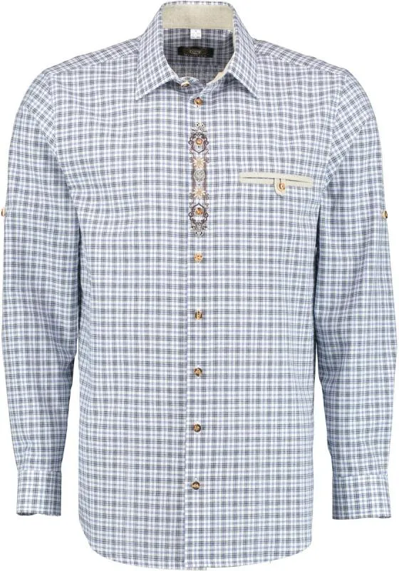 OS Trachten Men's Check Shirt "Jesse" Shark Collar, Blue