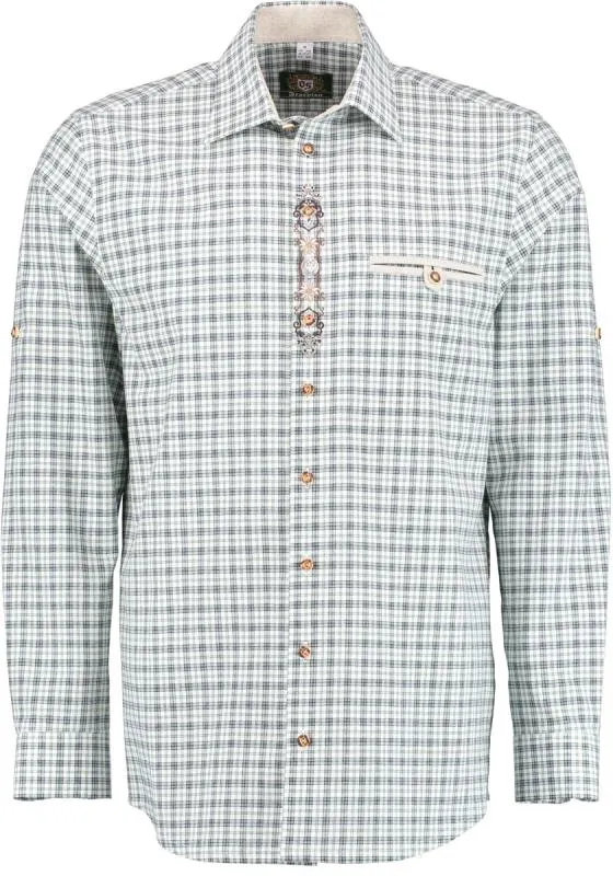 OS Trachten Men's Check Shirt "Jesse" Shark Collar, Forest Green