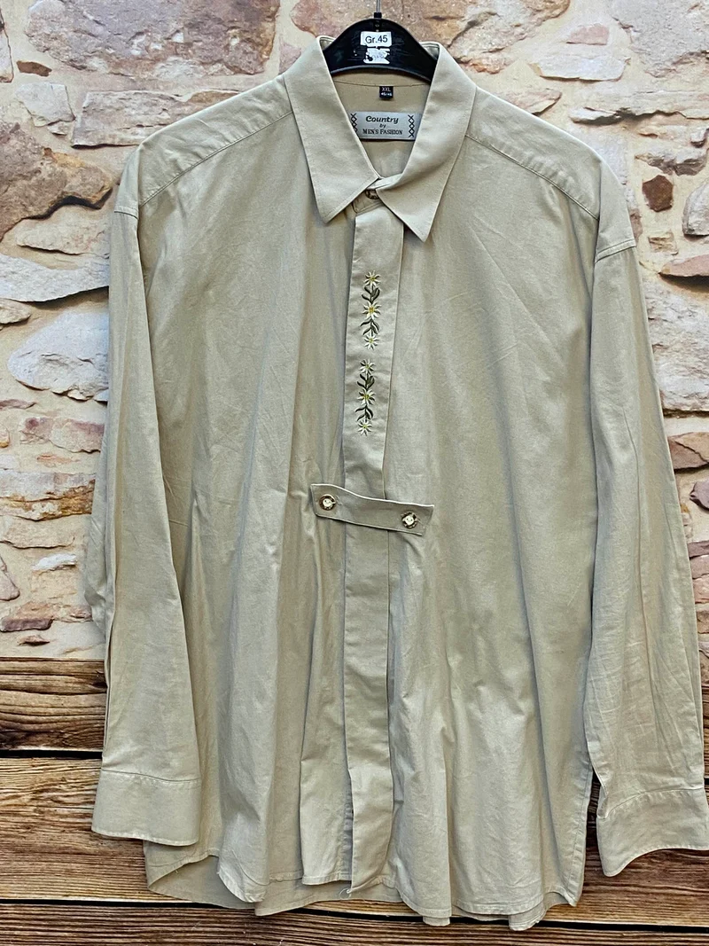 Trachtenhemd Herren Beige Edelweiß Stickerei Baumwolle Gr. 45 / XXL