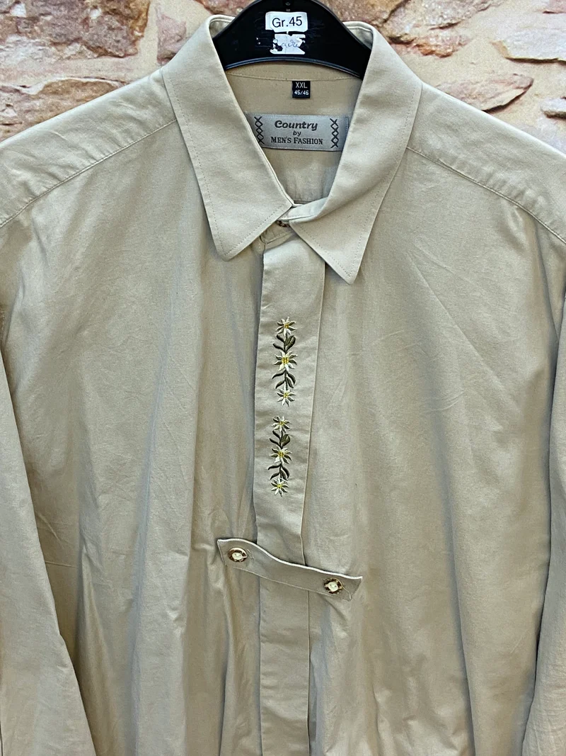 Trachtenhemd Herren Beige Edelweiß Stickerei Baumwolle Gr. 45 / XXL