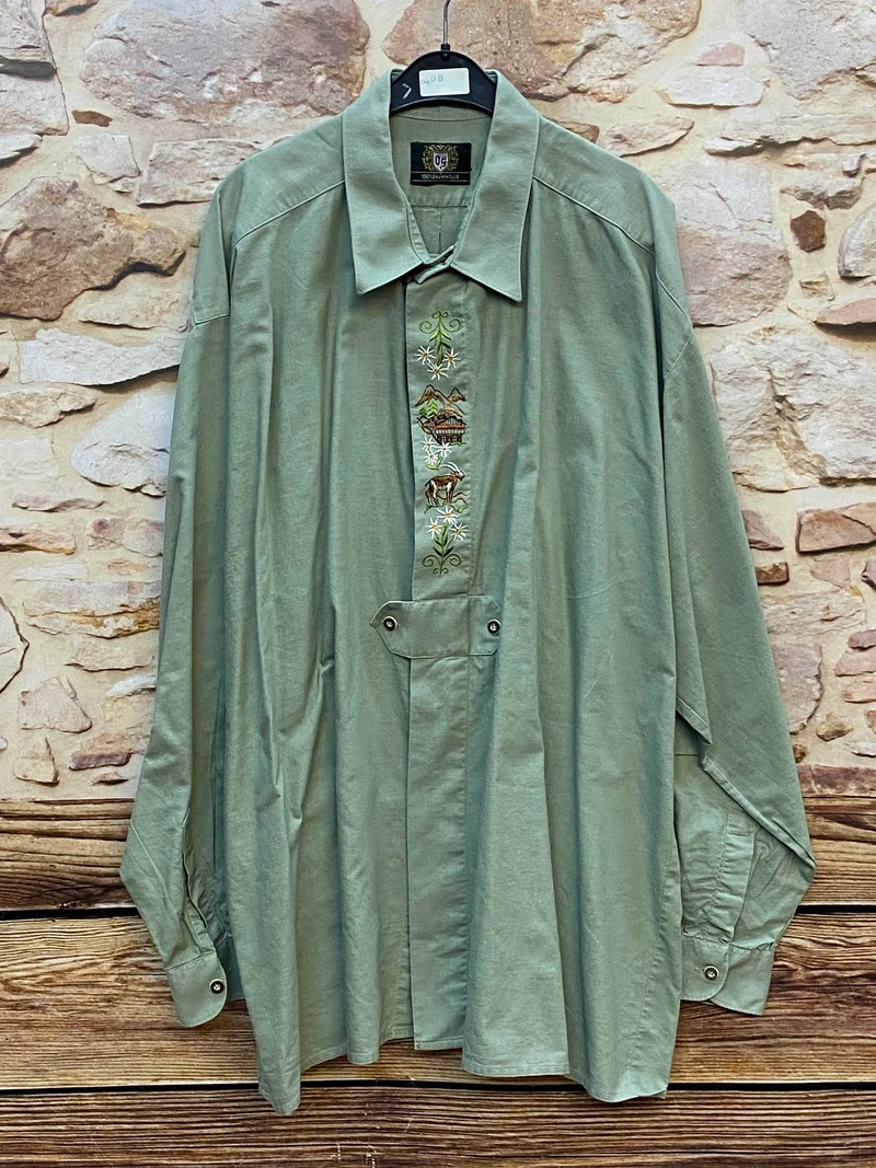 Trachtenhemd Herren Grün Stickerei Alpenmotiv Baumwolle Gr. 45