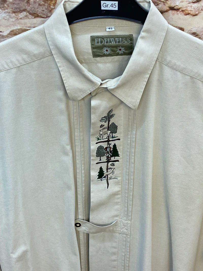 Trachtenhemd Herren Edelweiss Stickerei Jagdmotiv Baumwolle Gr. 45
