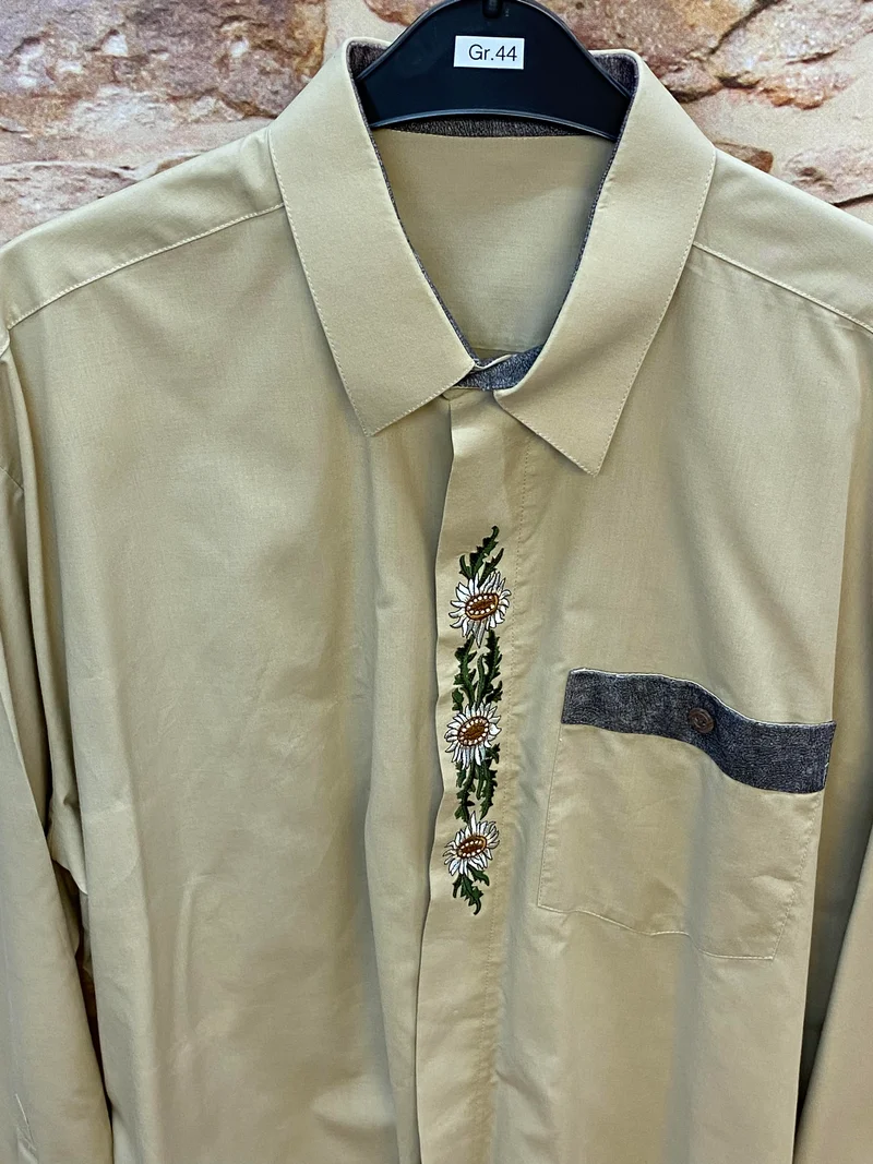 Trachtenhemd Herren beige mit Edelweiß Stickerei Gr. 44