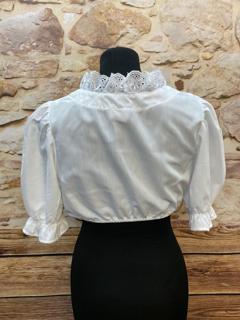 Dirndlbluse Damen Weiß Vintage – Rüschenkragen Gr. 38