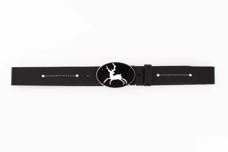 Black Trachten Belt with Deer Buckle and Fur Inlay
