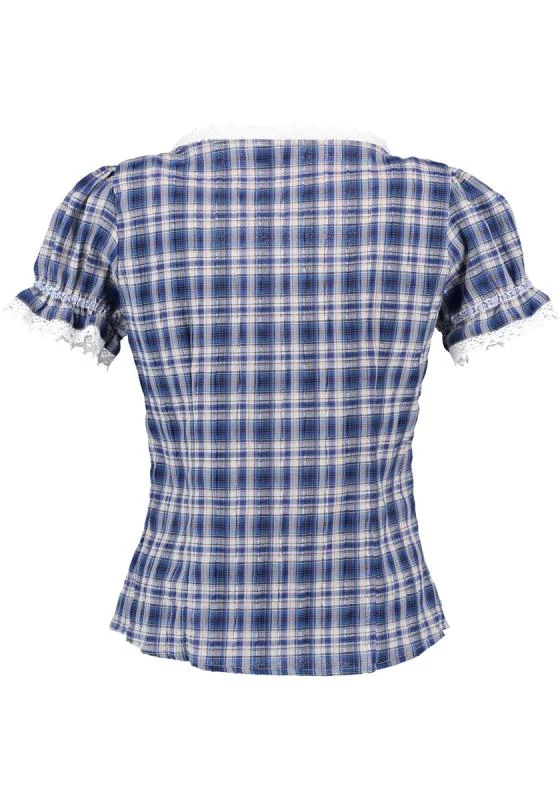 OS Trachten Women's Ruffled Dirndl Blouse — Blue Check