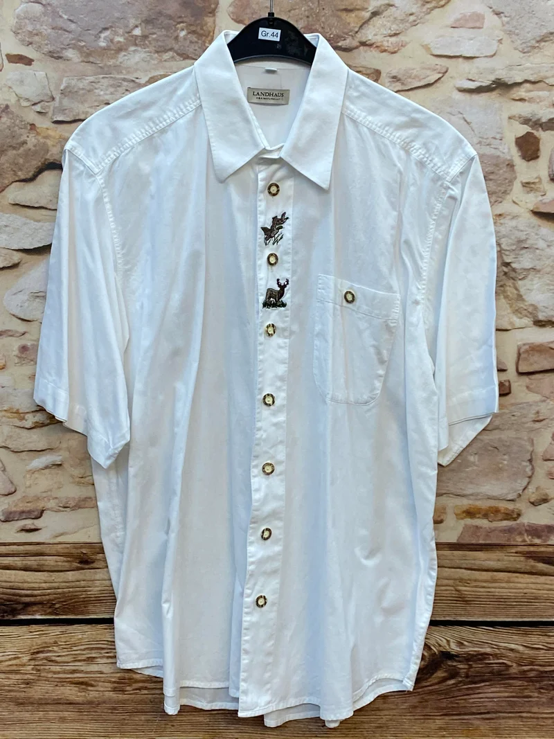 Vintage Trachtenhemd Herren Weiß Gr. XL – mit Hirsch & Vogel Stickerei