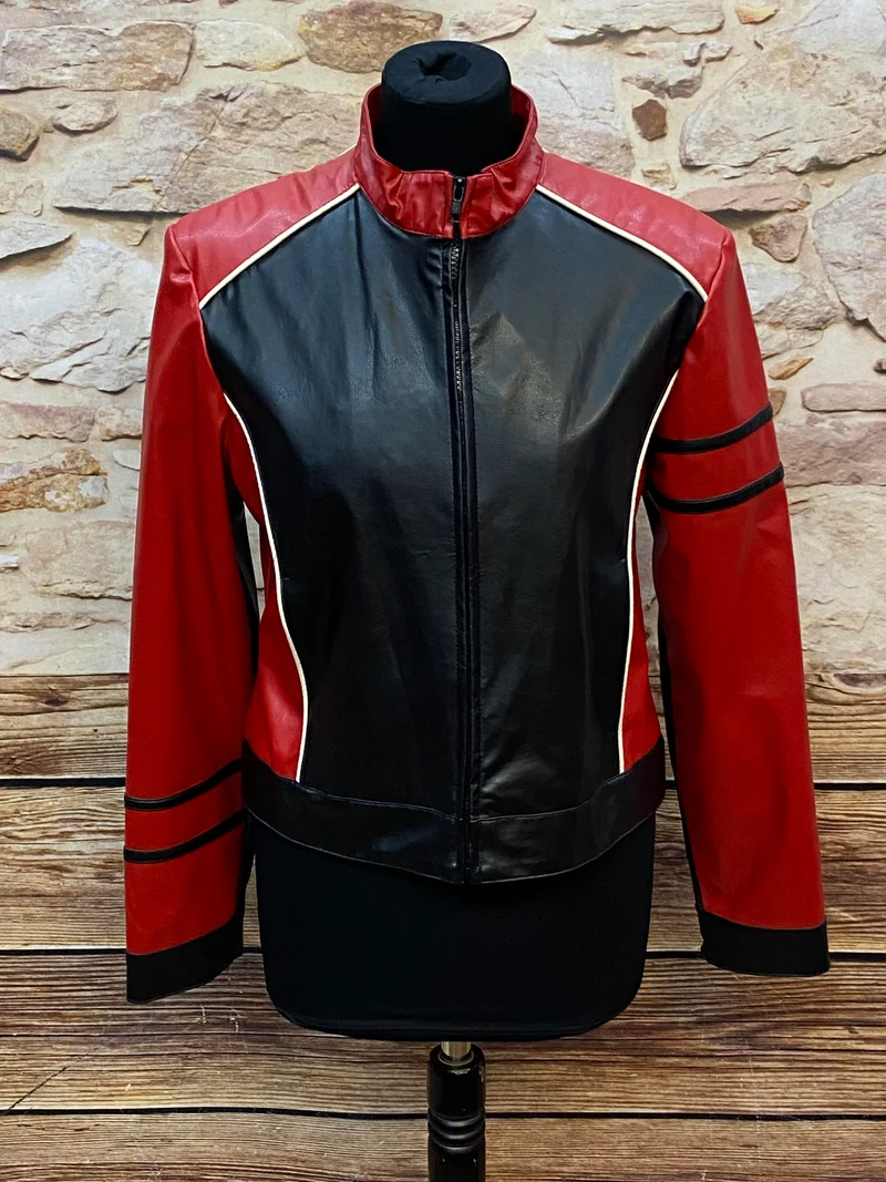 Vintage Rockabilly Kunstlederjacke Damen Gr. 40 – Schwarz Rot mit Stern-Detail