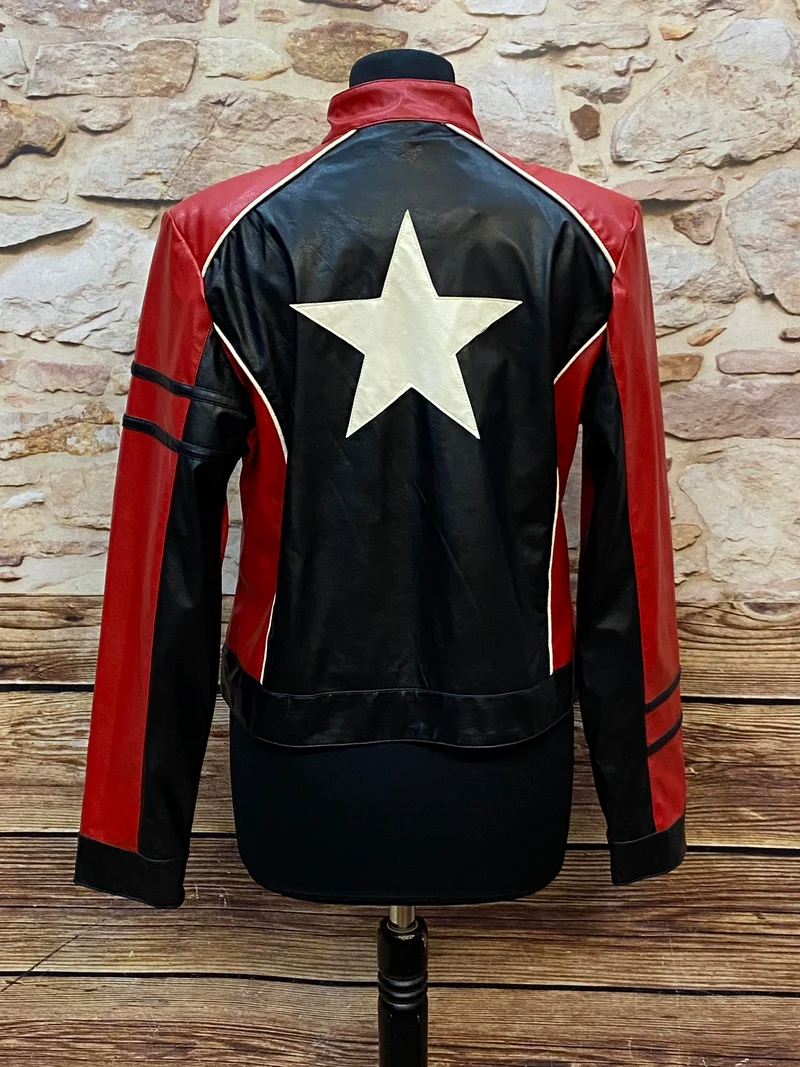 Vintage Rockabilly Kunstlederjacke Damen Gr. 40 – Schwarz Rot mit Stern-Detail