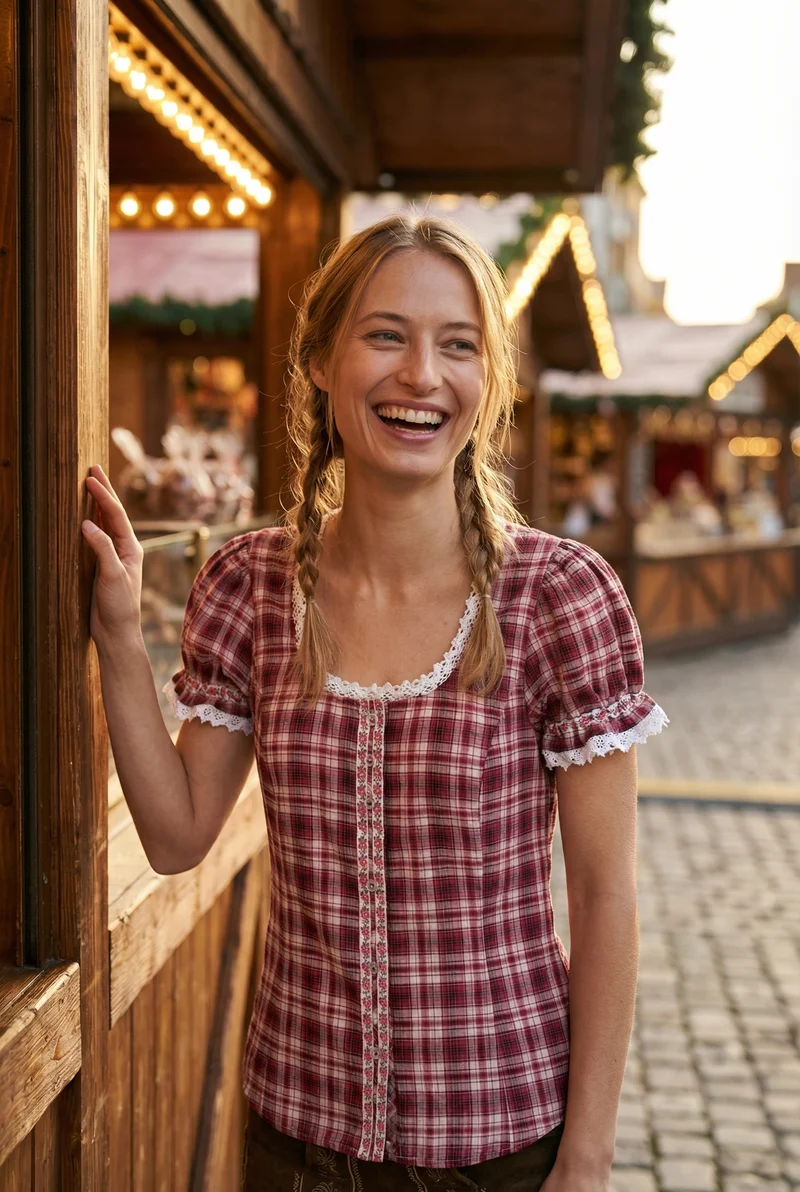 OS Trachten Women's Ruffled Dirndl Blouse — Red Check