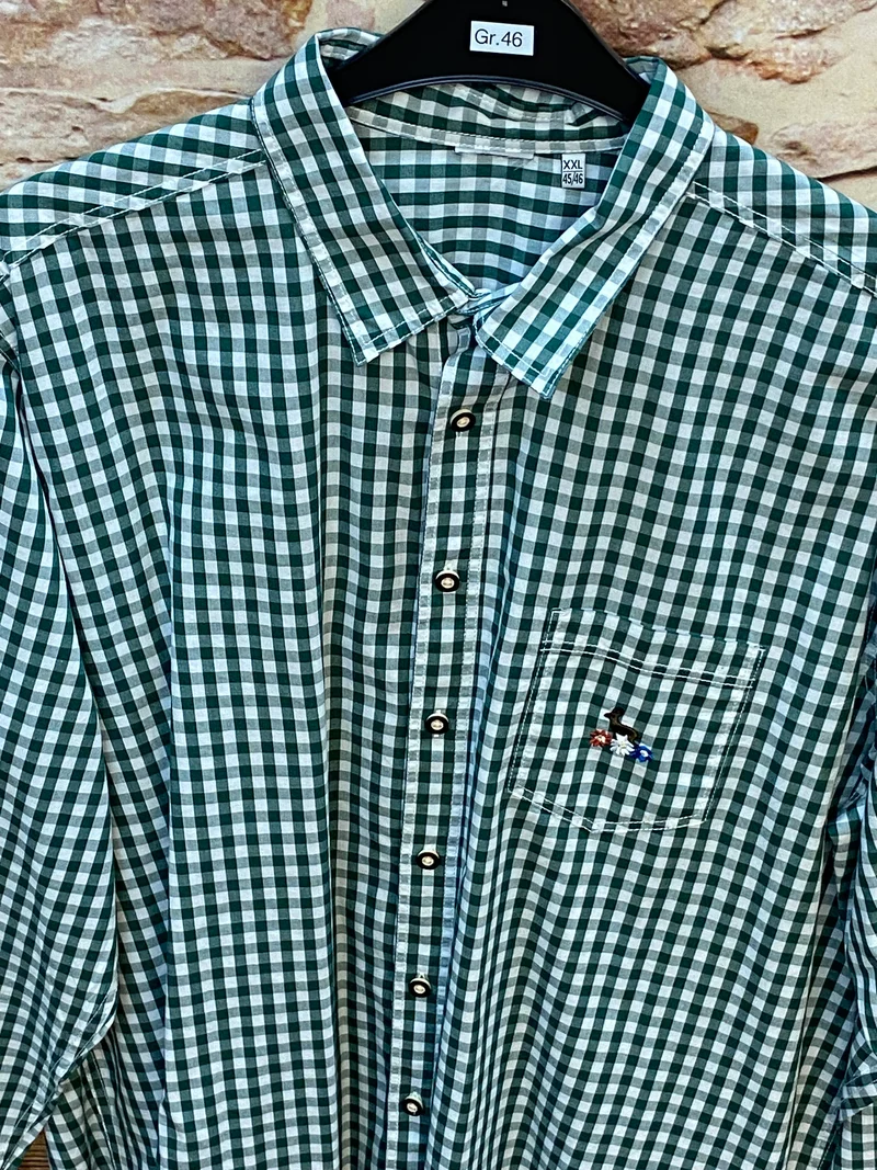 Trachtenhemd Herren grün kariert langarm Baumwolle Gr. 46 XXL