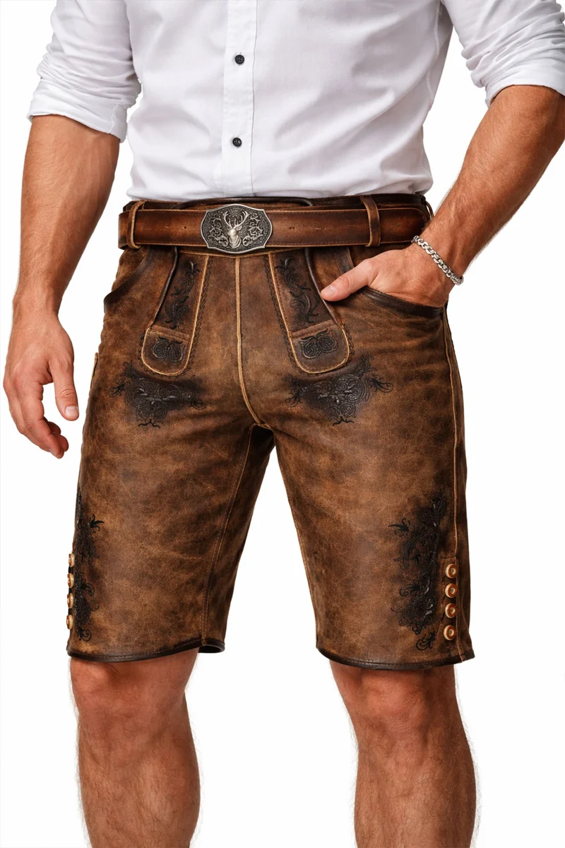 MADDOX Kurze Herren Lederhose "Altrei" mit Gürtel | Nappato Sand