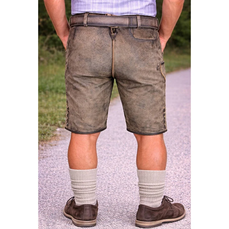 MADDOX Kurze Herren Lederhose "Zugersee" mit Gürtel | Antik R. Zement