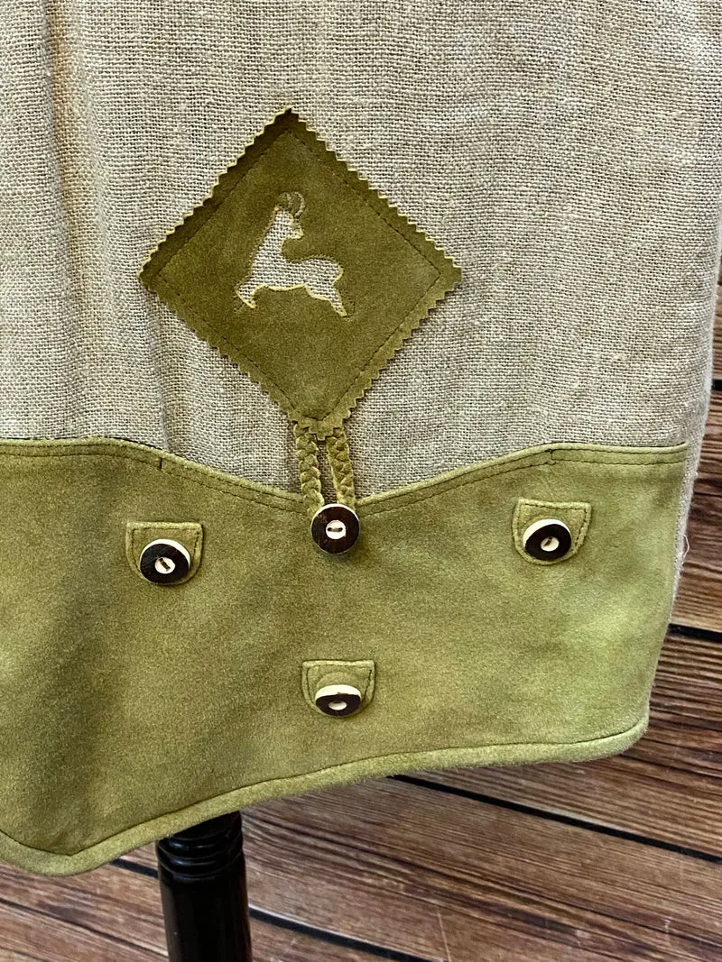 Trachtenweste Leinen Leder grün beige Vintage mit Stickerei