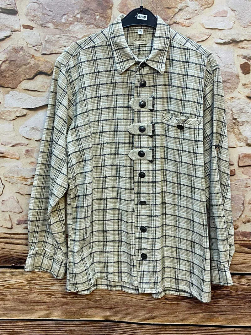 Trachtenhemd Herren kariert beige grün Gr. 39/40 Landhaus Vintage