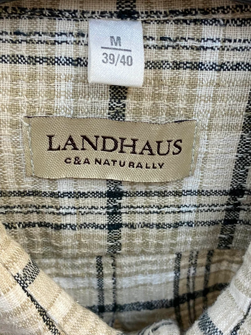 Trachtenhemd Herren kariert beige grün Gr. 39/40 Landhaus Vintage