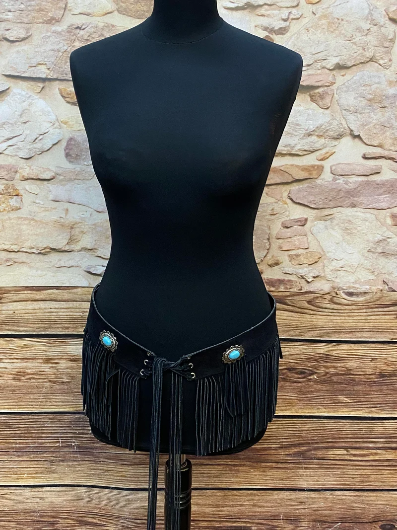 Vintage Western Gürtel Leder Schwarz Fransen Boho Festival Unikat