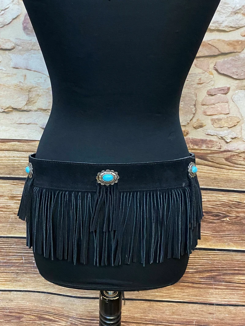 Vintage Western Gürtel Leder Schwarz Fransen Boho Festival Unikat