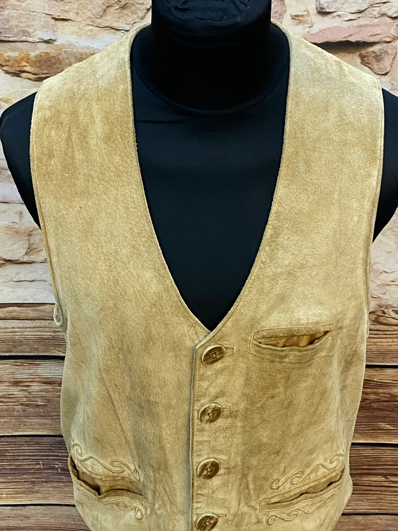 Vintage Trachtenweste Leder Hellbraun – Gr. 52
