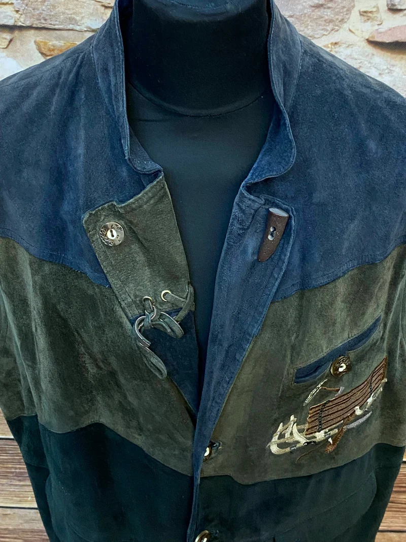 Trachtenweste Leder grün dunkelblau Vintage mit Stickerei Motiv