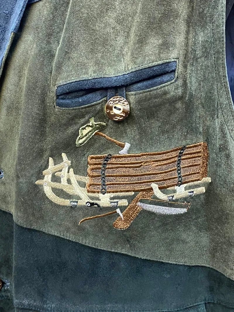 Trachtenweste Leder grün dunkelblau Vintage mit Stickerei Motiv